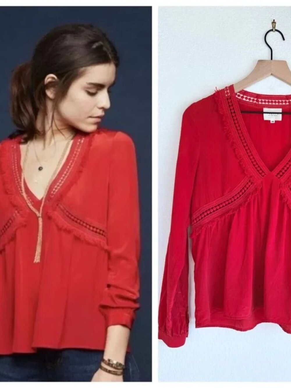 Sézane 100% Silk Lace Trim V Neck Blouse EU Size 44